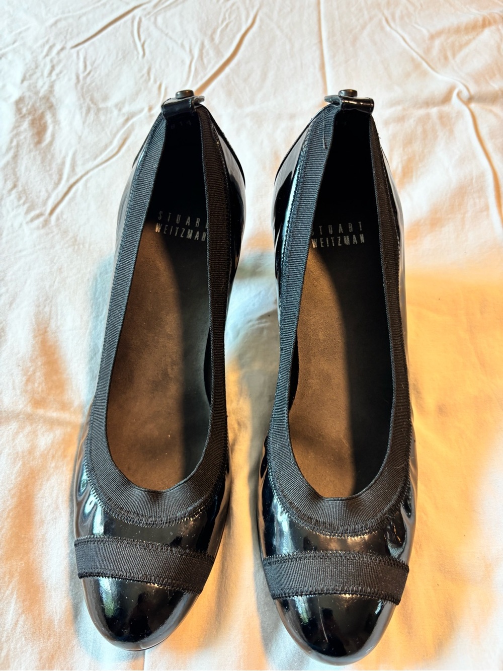 Stuart Weitzman Black Patent Round-Toe Heels with Elastic Trim